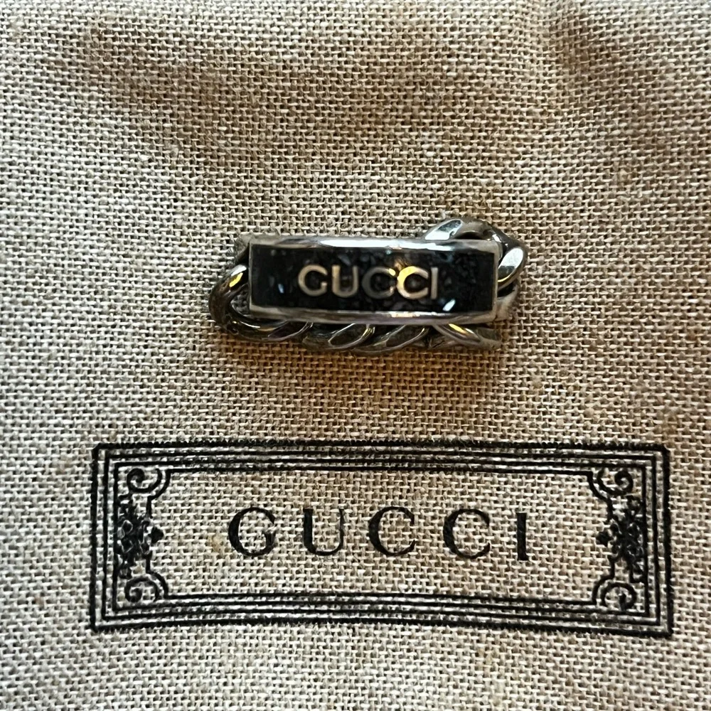 NEW Gucci Logo Chain Ring 925 Silver Black Enamel Sz 19 IT 8.75 US - Picture 3 of 6